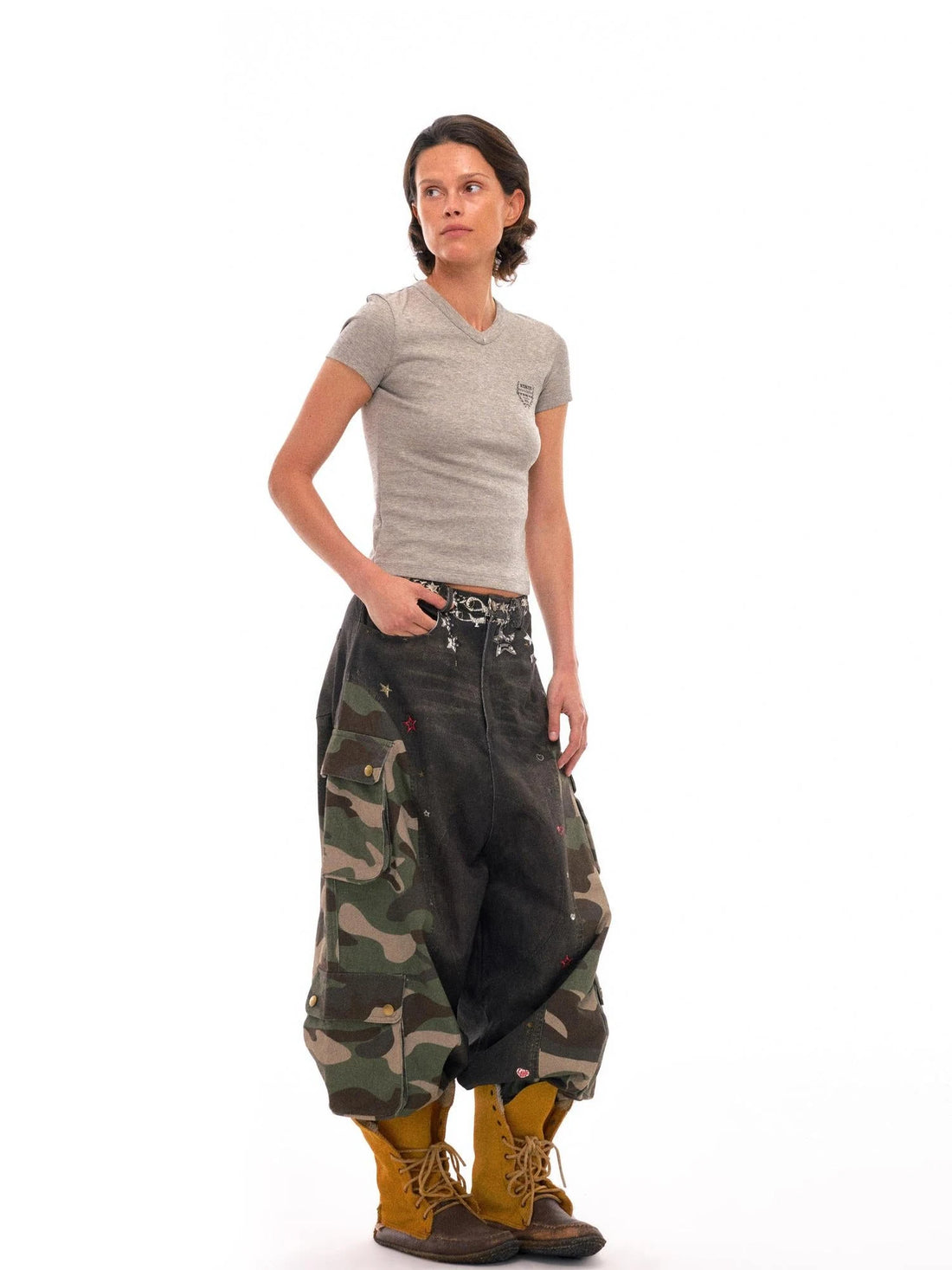 3d Camo Print Chain Studded Low Crotch Cargo Pants