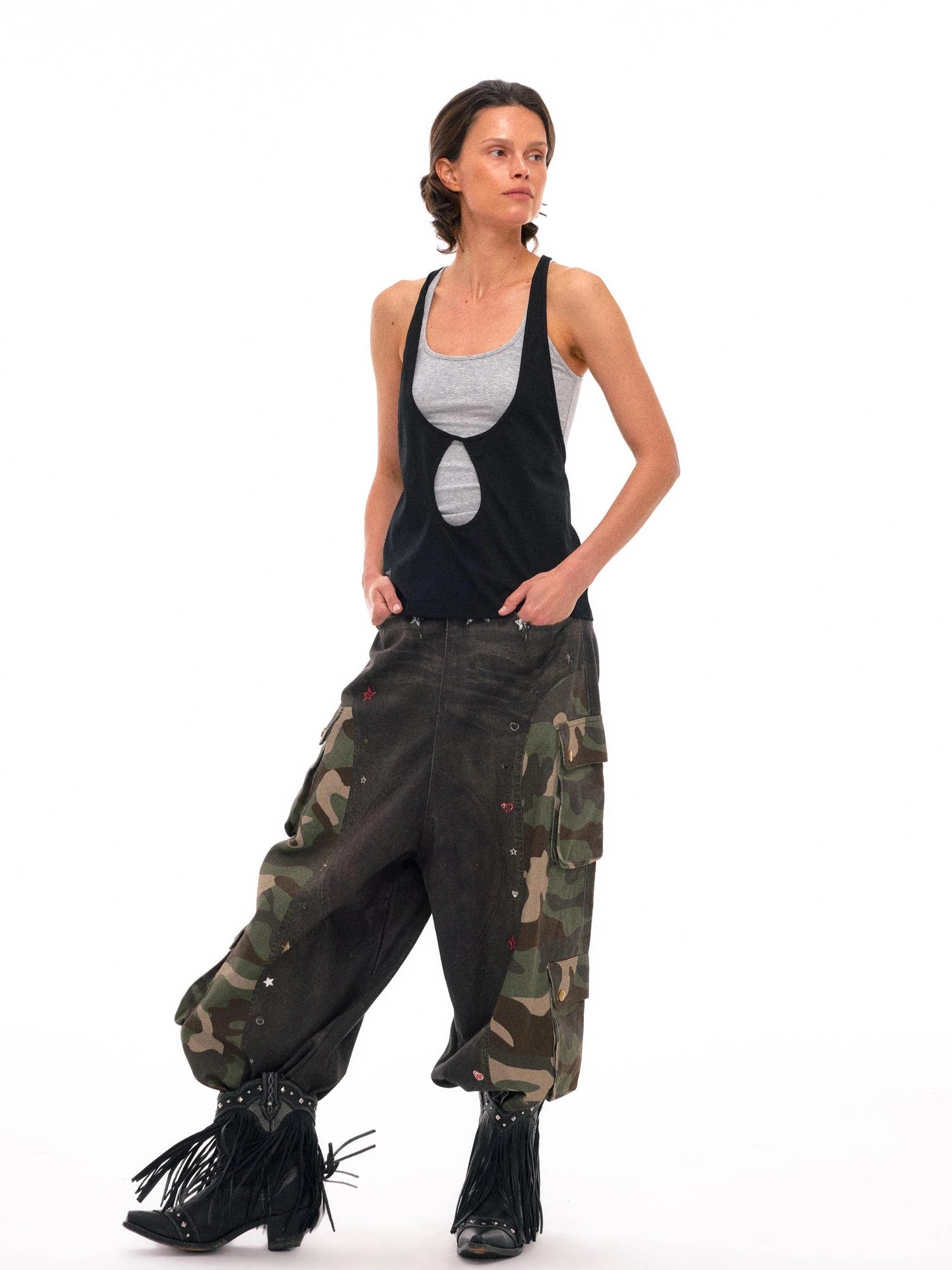 3d Camo Print Chain Studded Low Crotch Cargo Pants