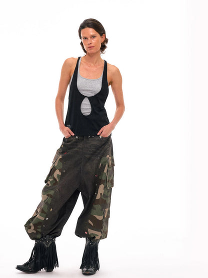 3d Camo Print Chain Studded Low Crotch Cargo Pants