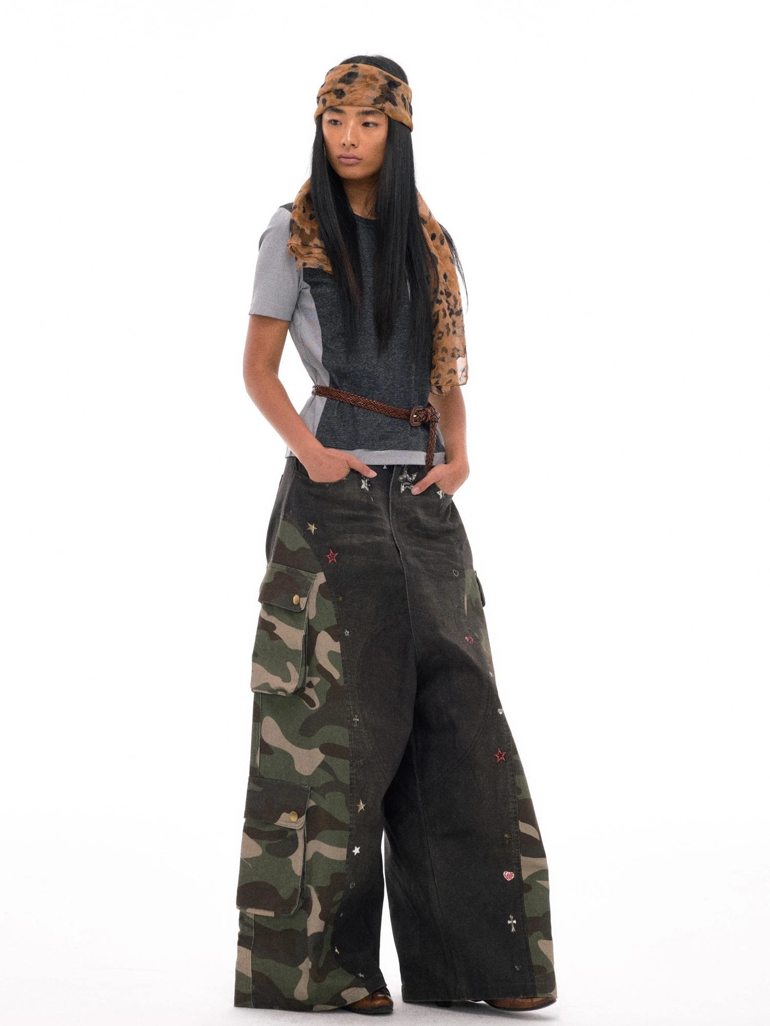 3d Camo Print Chain Studded Low Crotch Cargo Pants