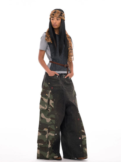 3d Camo Print Chain Studded Low Crotch Cargo Pants