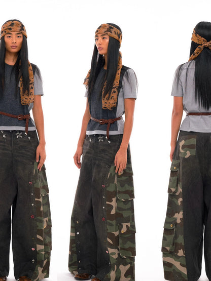 3d Camo Print Chain Studded Low Crotch Cargo Pants