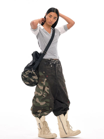 3d Camo Print Chain Studded Low Crotch Cargo Pants