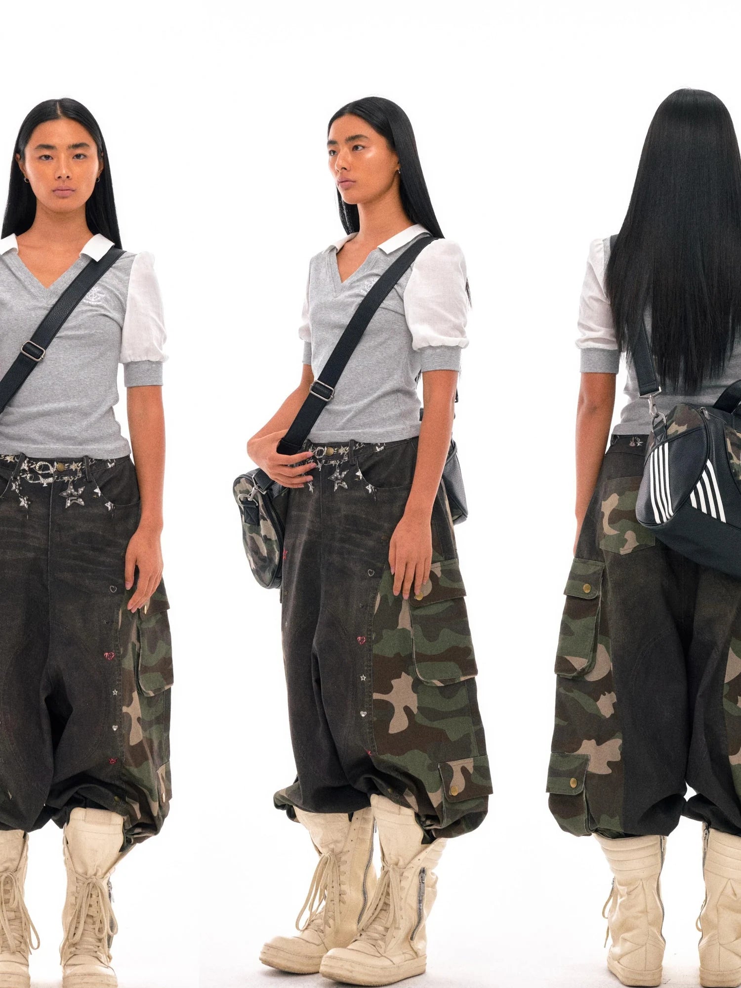 3d Camo Print Chain Studded Low Crotch Cargo Pants