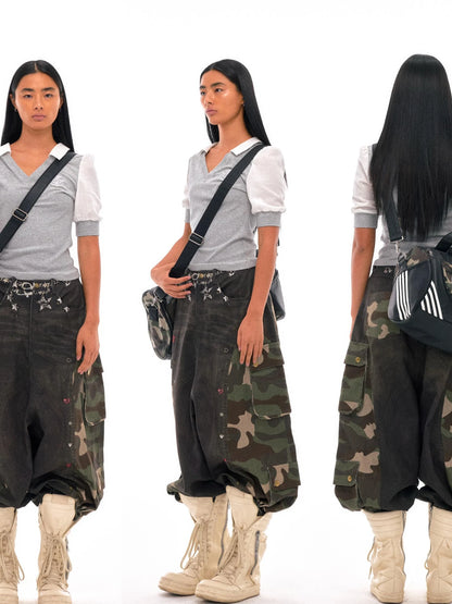 3d Camo Print Chain Studded Low Crotch Cargo Pants