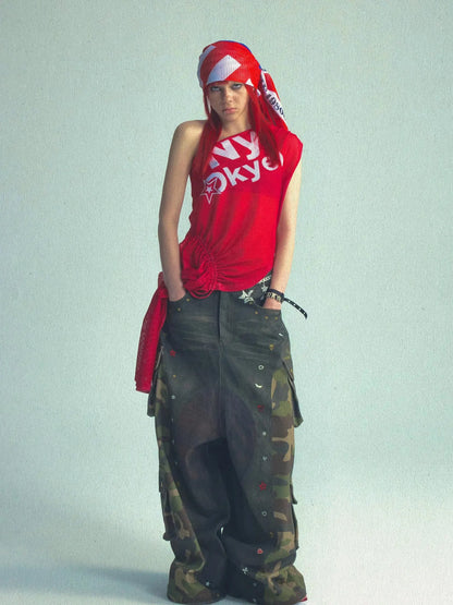 3d Camo Print Chain Studded Low Crotch Cargo Pants