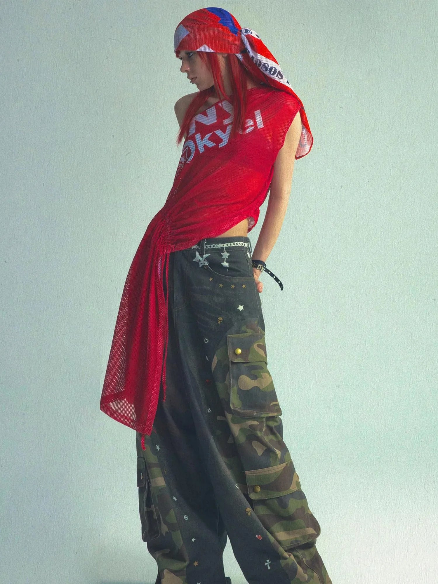 3d Camo Print Chain Studded Low Crotch Cargo Pants
