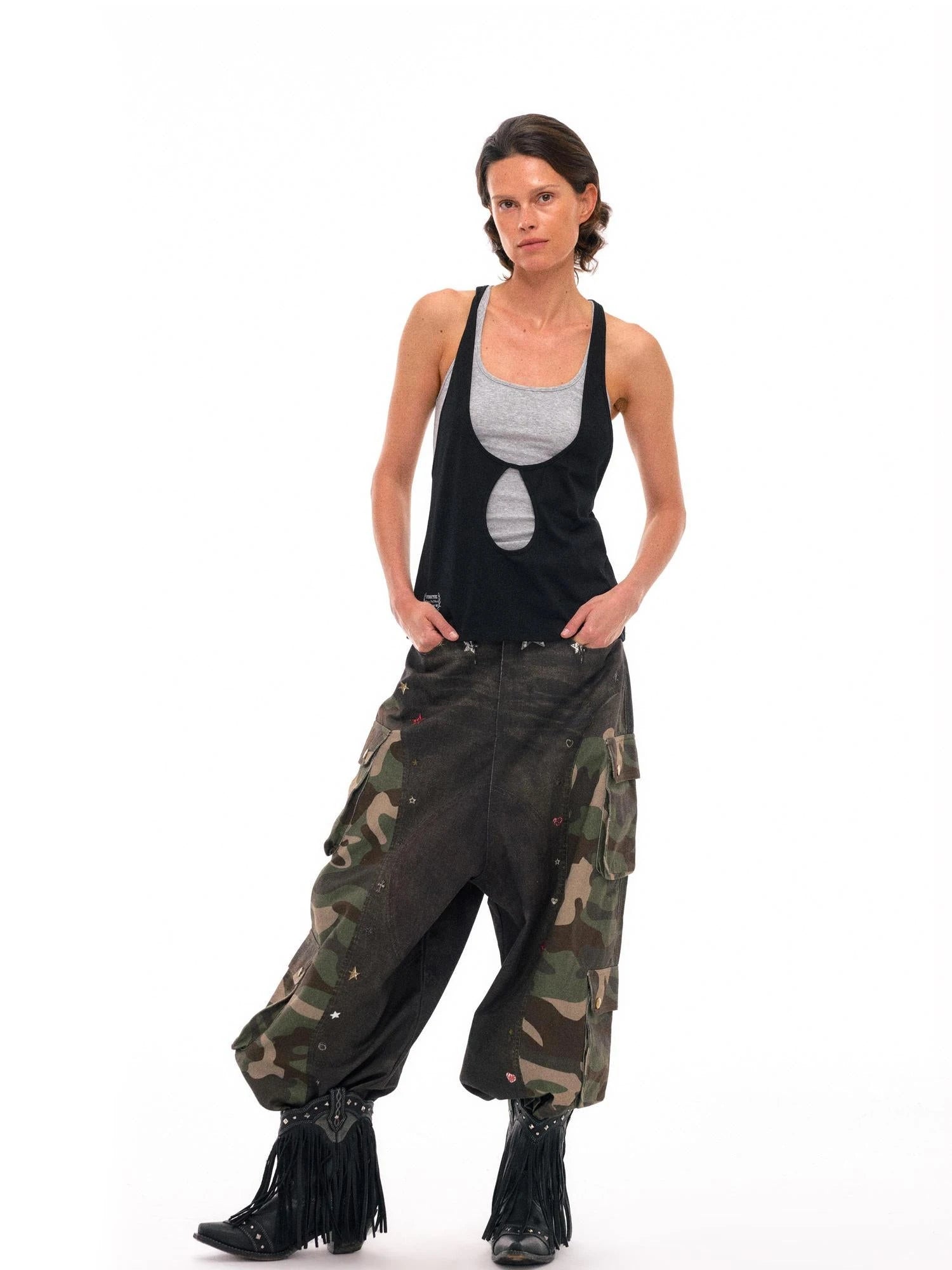 3d Camo Print Chain Studded Low Crotch Cargo Pants