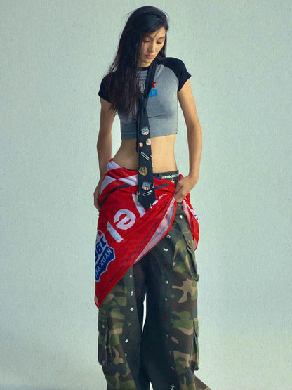 3d Camo Print Chain Studded Low Crotch Cargo Pants