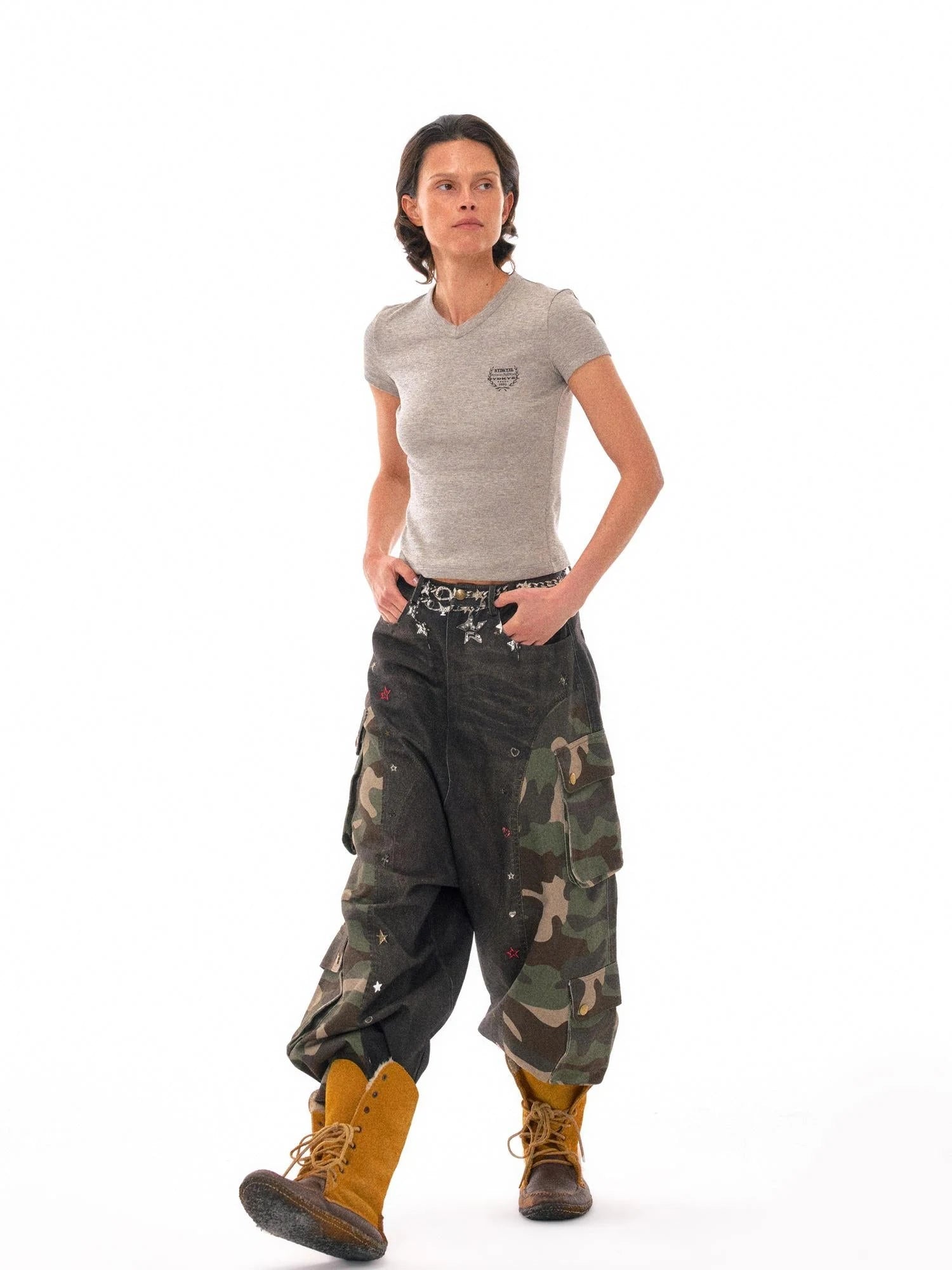 3d Camo Print Chain Studded Low Crotch Cargo Pants