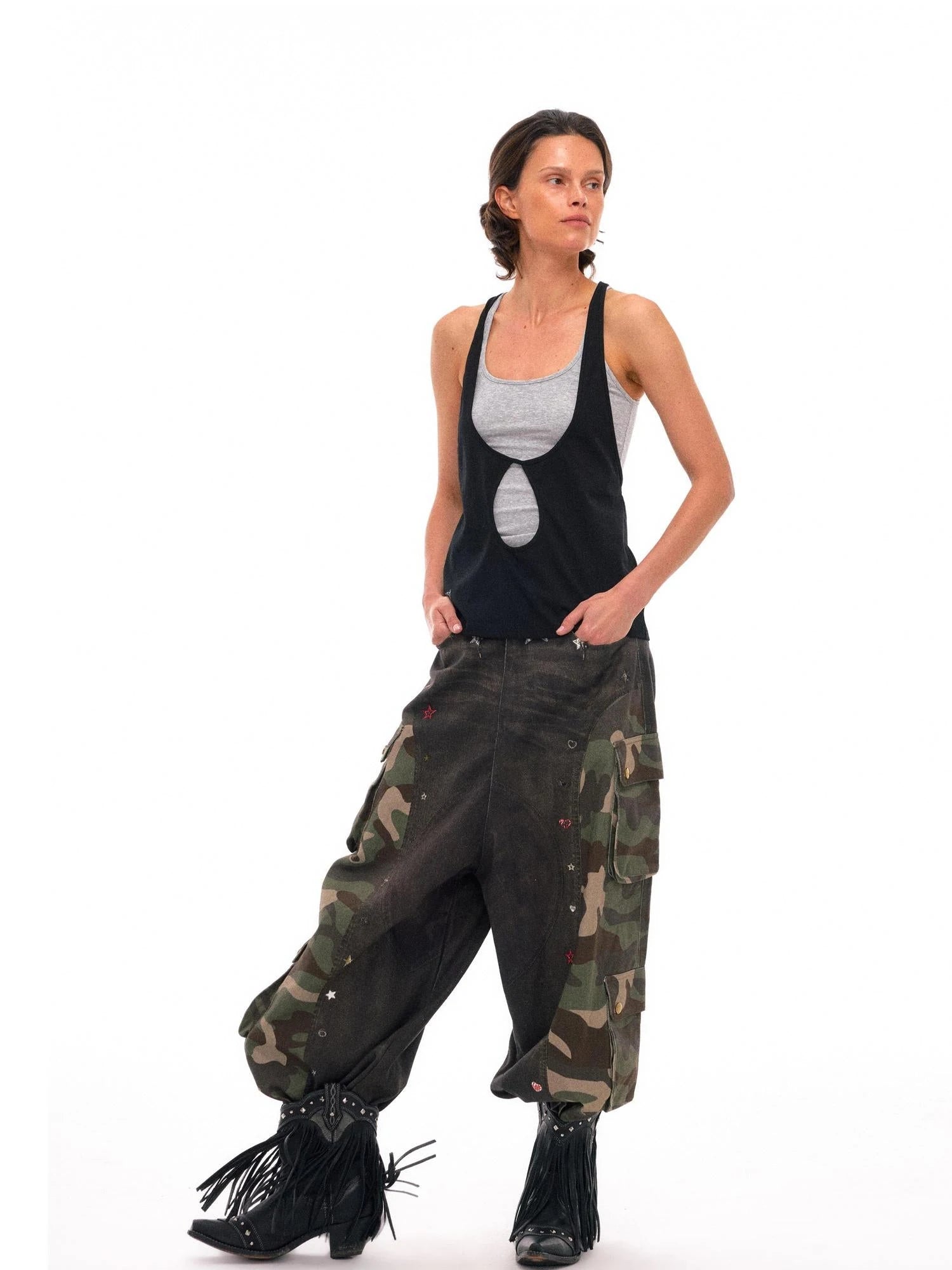3d Camo Print Chain Studded Low Crotch Cargo Pants