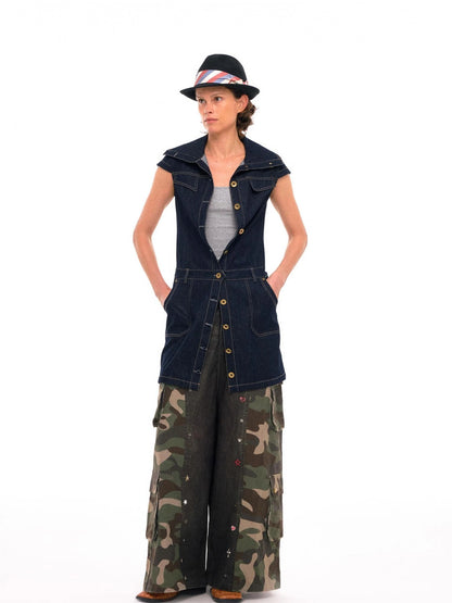 3d Camo Print Chain Studded Low Crotch Cargo Pants