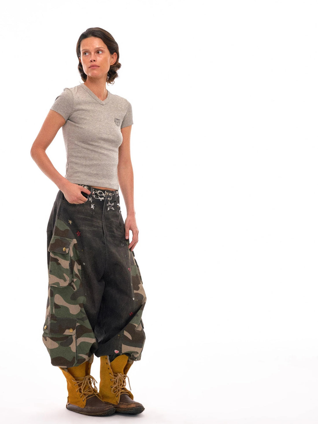 3d Camo Print Chain Studded Low Crotch Cargo Pants