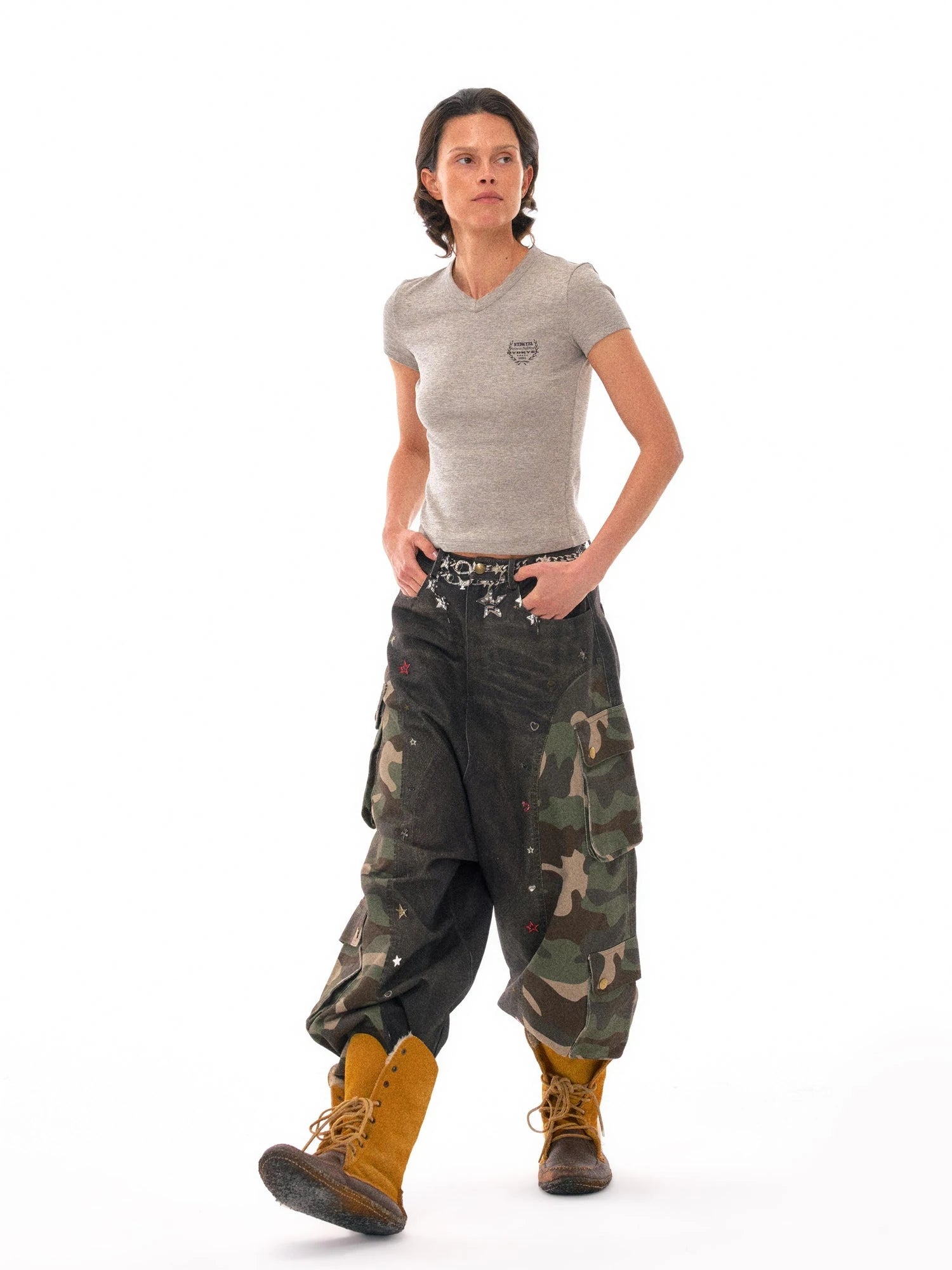 3d Camo Print Chain Studded Low Crotch Cargo Pants