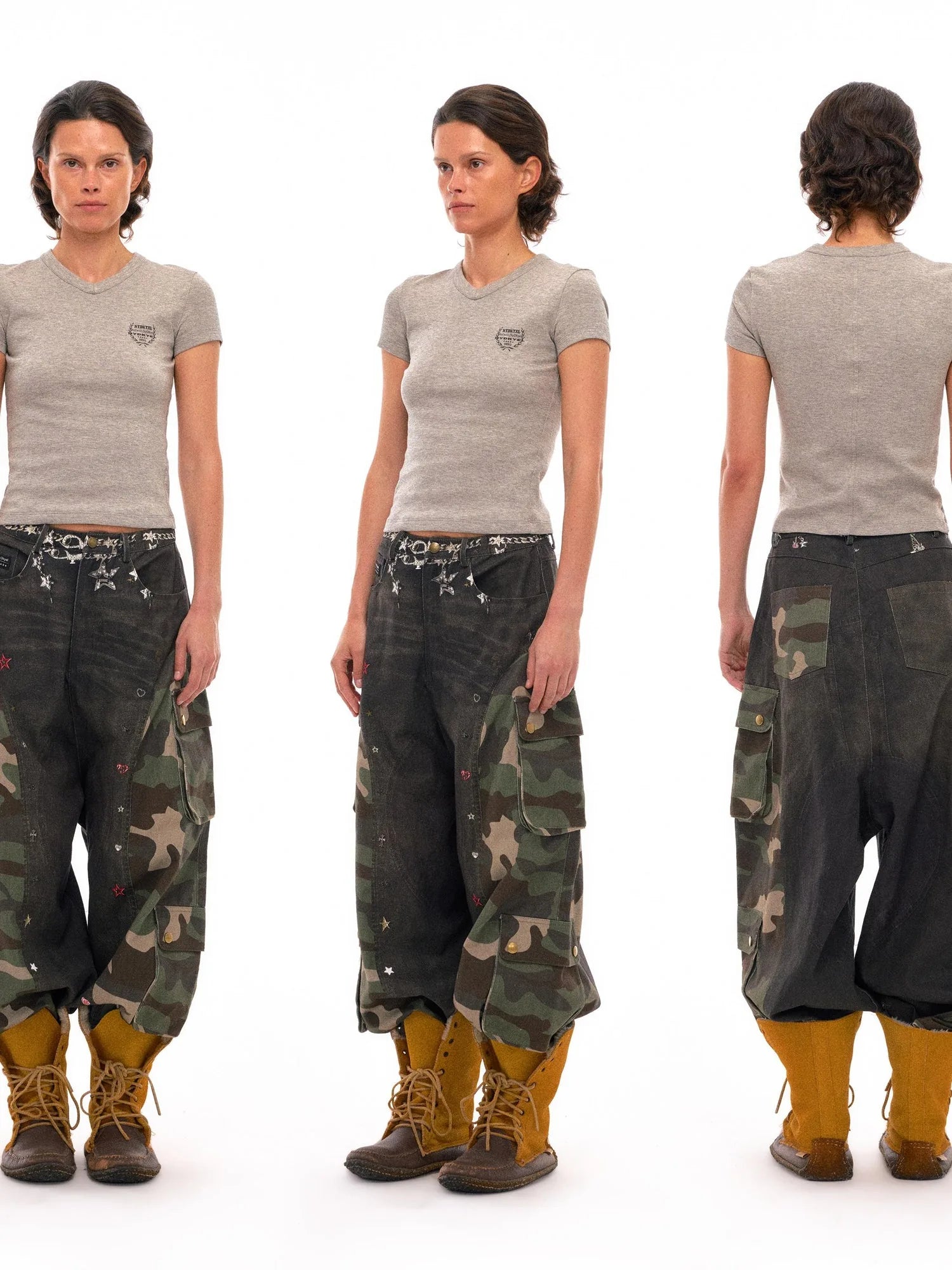 3d Camo Print Chain Studded Low Crotch Cargo Pants