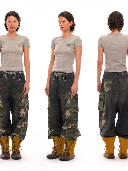 3d Camo Print Chain Studded Low Crotch Cargo Pants