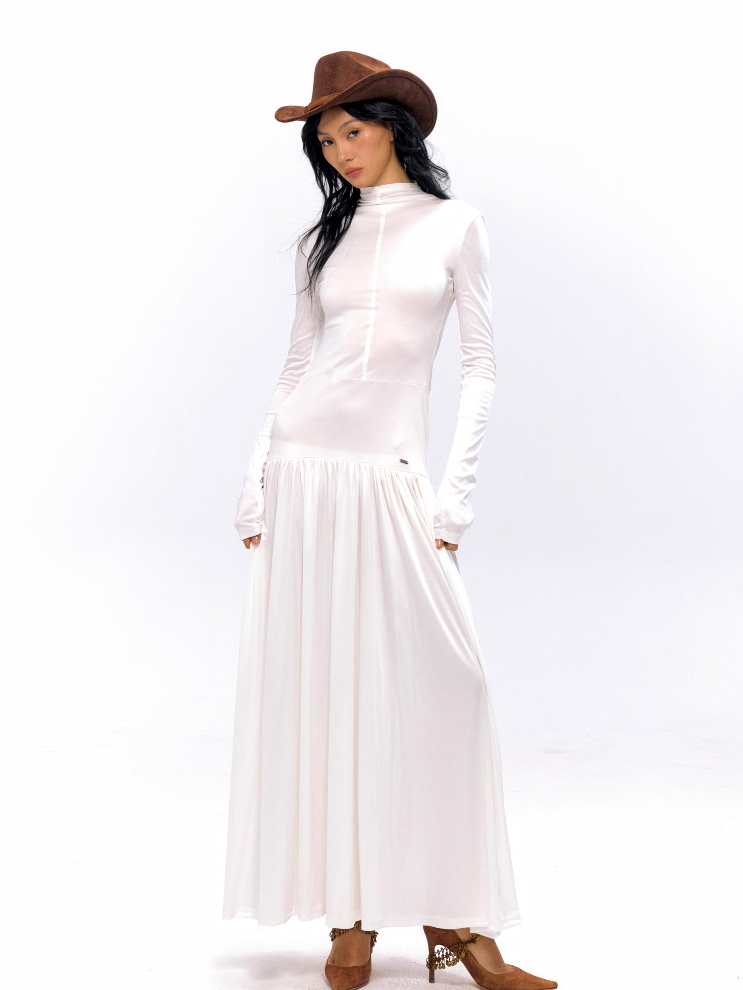 NyDkyel Acetate Knit A Line Bodycon Dress V-neck T-shirt Long Sleeve