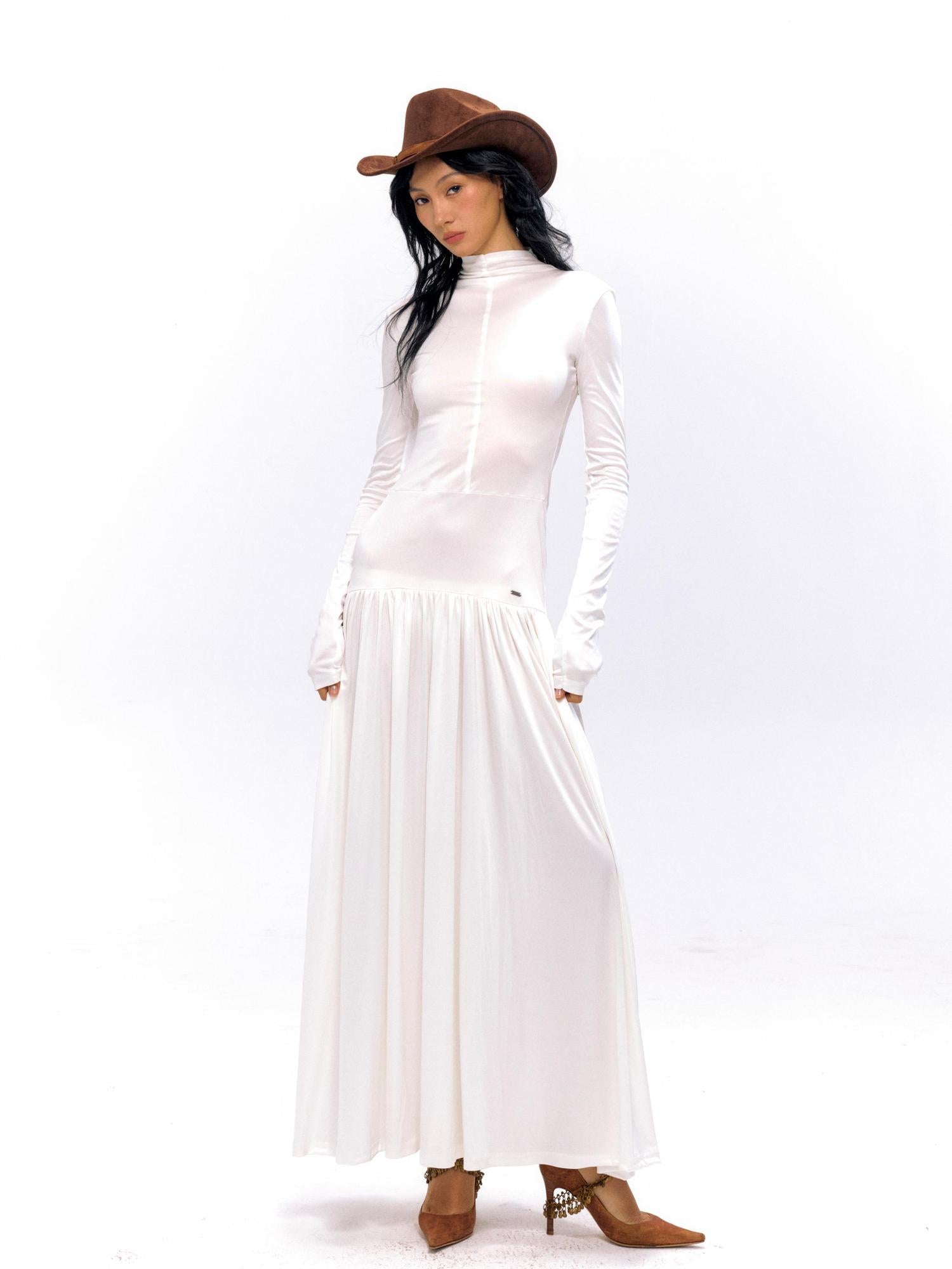 NyDkyel Acetate Knit A Line Bodycon Dress V-neck T-shirt Long Sleeve