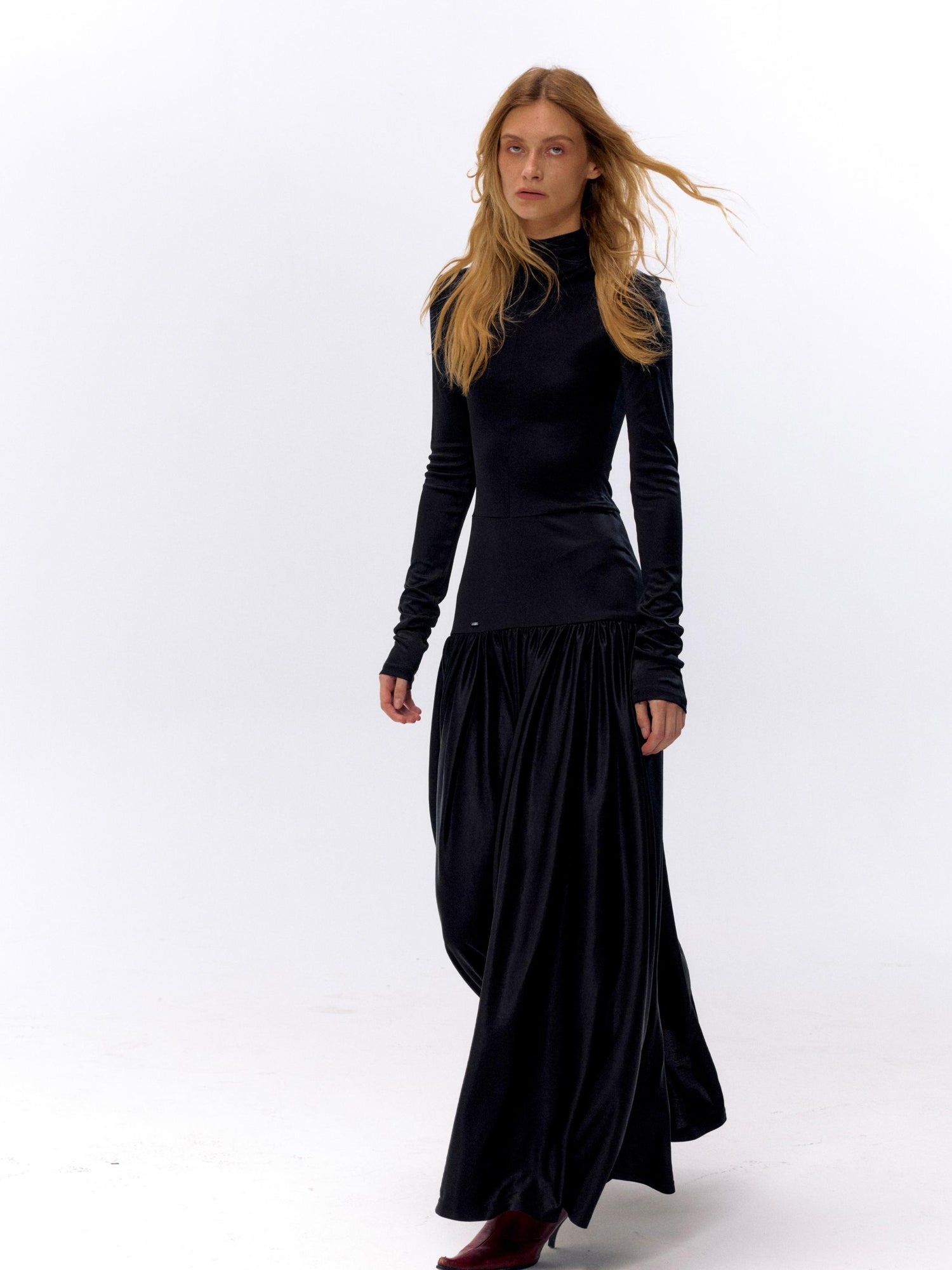 NyDkyel Acetate Knit A Line Bodycon Dress V-neck T-shirt Long Sleeve