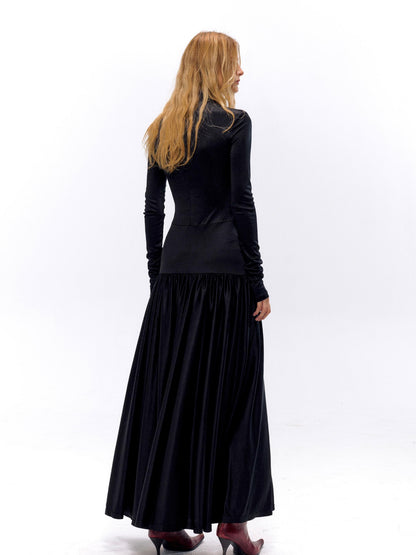 NyDkyel Acetate Knit A Line Bodycon Dress V-neck T-shirt Long Sleeve