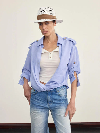 Adjustable Sunshade Shirt With Twist Detail In Cotton Linen Blend