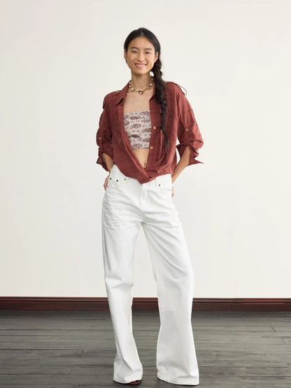 Adjustable Sunshade Shirt With Twist Detail In Cotton Linen Blend
