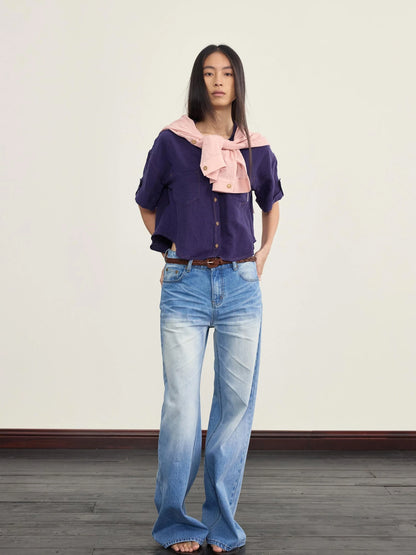 Adjustable Sunshade Shirt With Twist Detail In Cotton Linen Blend