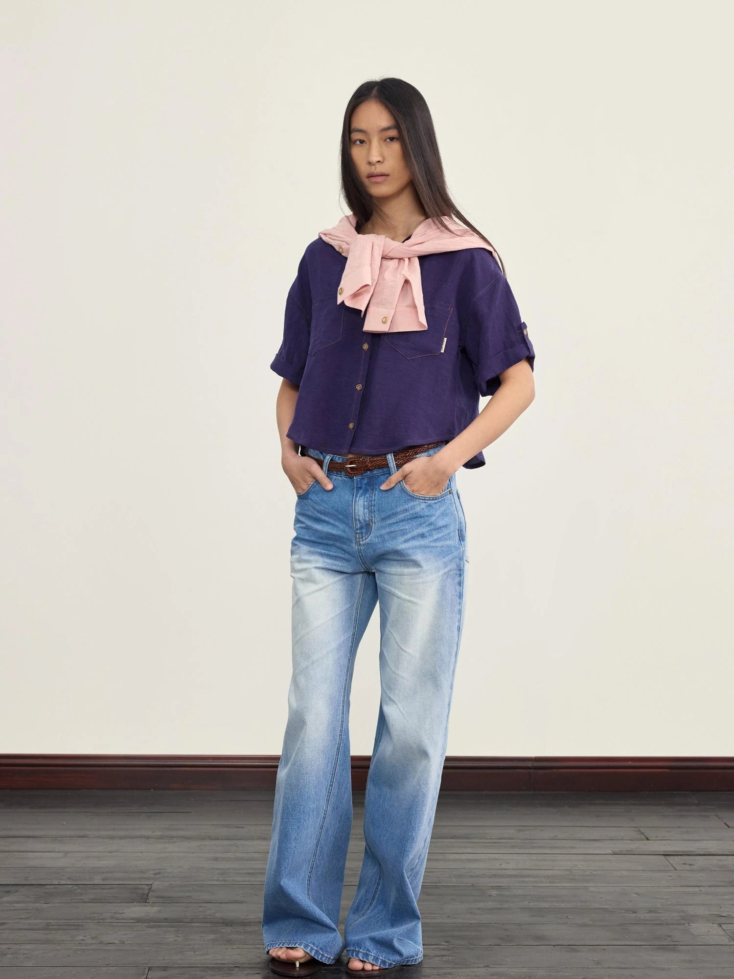 Adjustable Sunshade Shirt With Twist Detail In Cotton Linen Blend