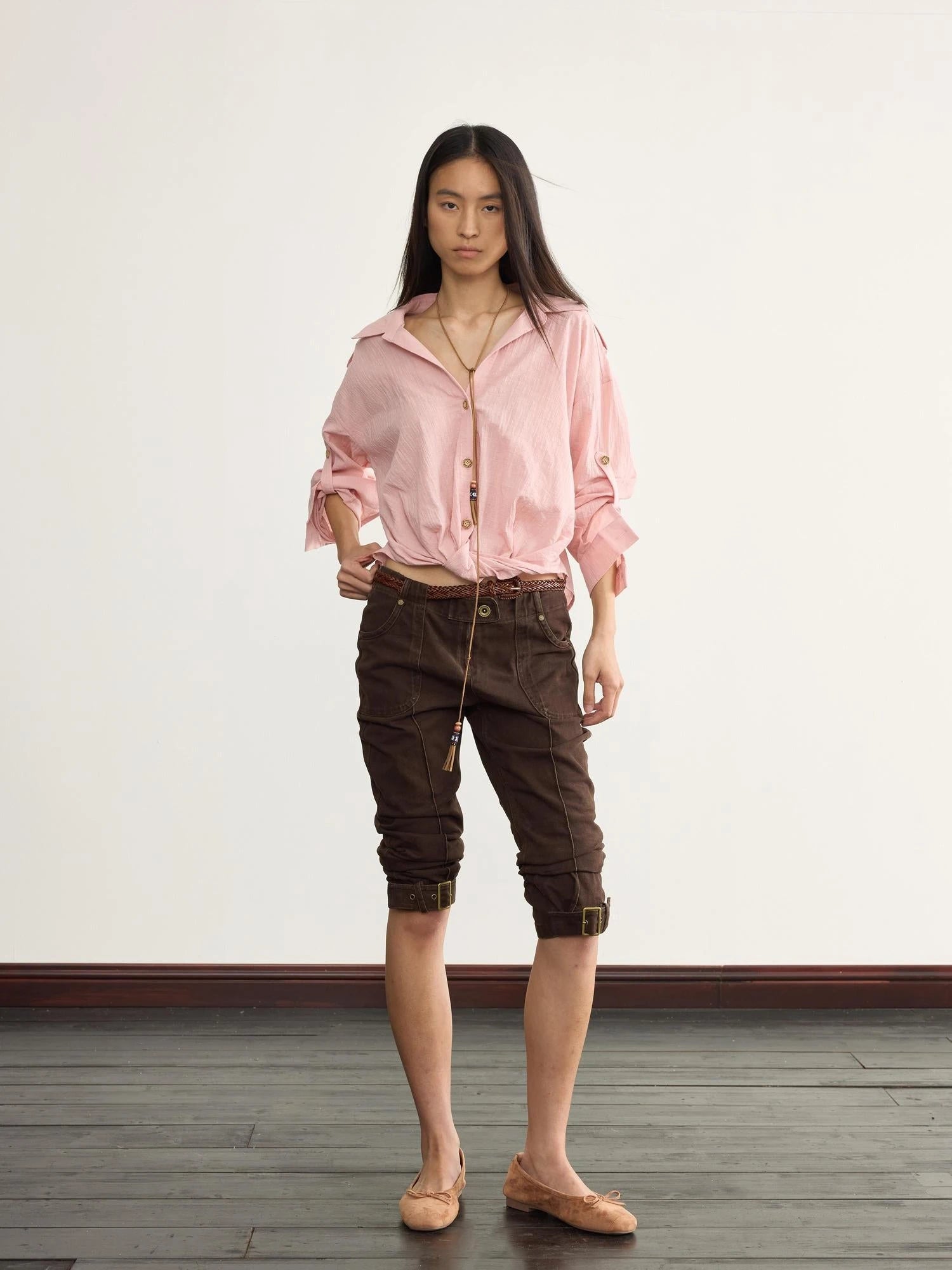 Adjustable Sunshade Shirt With Twist Detail In Cotton Linen Blend