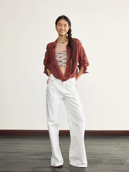Adjustable Sunshade Shirt With Twist Detail In Cotton Linen Blend