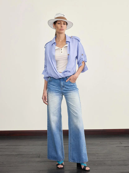 Adjustable Sunshade Shirt With Twist Detail In Cotton Linen Blend