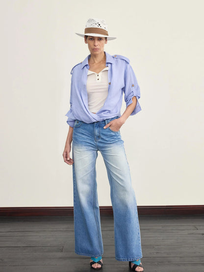 Adjustable Sunshade Shirt With Twist Detail In Cotton Linen Blend