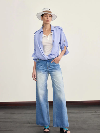 Adjustable Sunshade Shirt With Twist Detail In Cotton Linen Blend