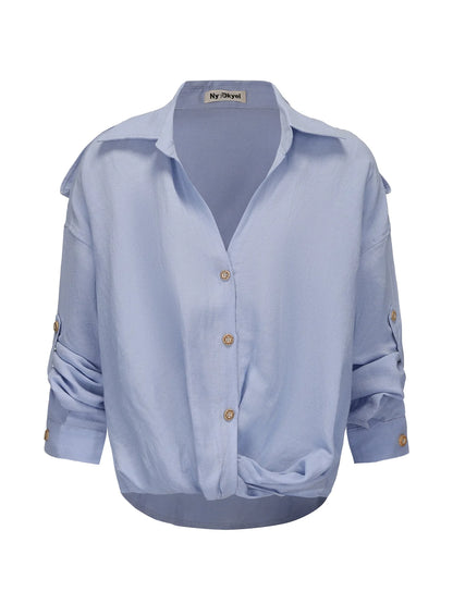 Adjustable Sunshade Shirt With Twist Detail In Cotton Linen Blend