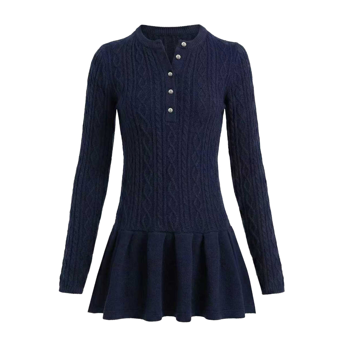 NyDkyel Anti Pilling Preppy A Line Long Sleeve Knit Navy Ladies Mini Dresses