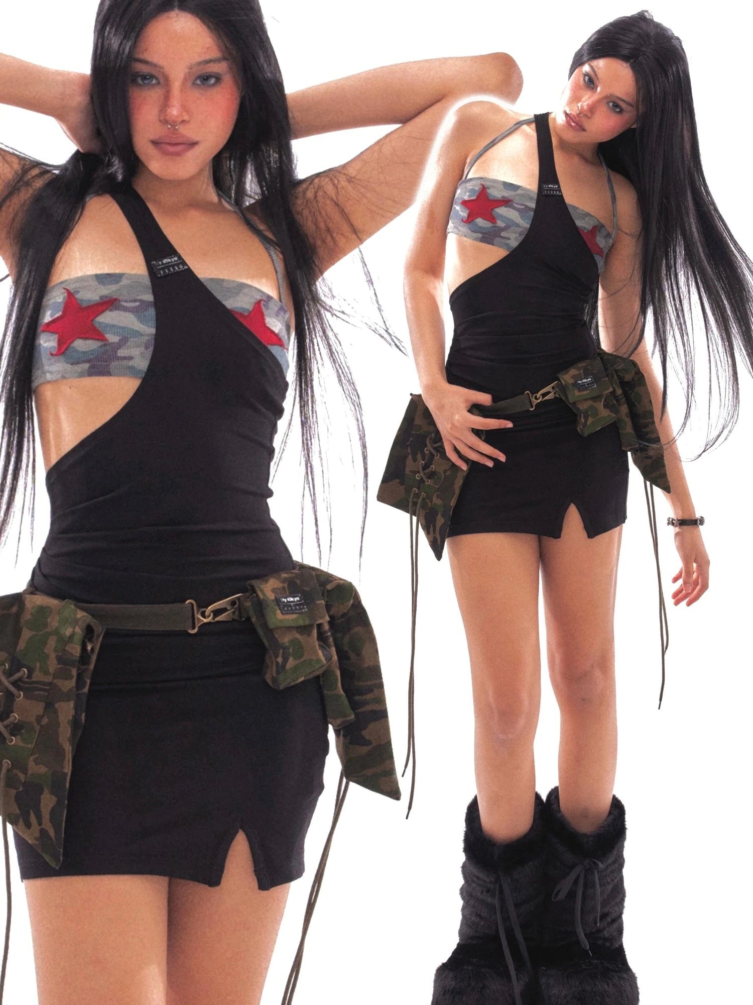 Asymmetric Camo Strapless Multi Way Mini Dress