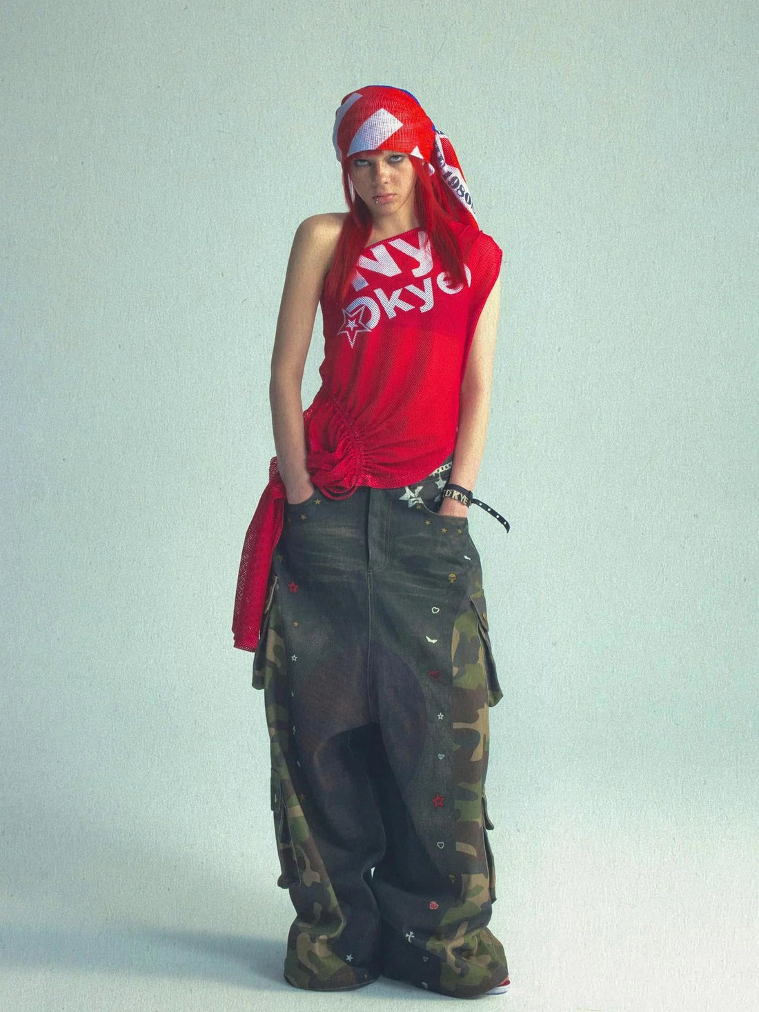 Asymmetric Drawstring Print Camo V-neck T-shirt Long Sleeve