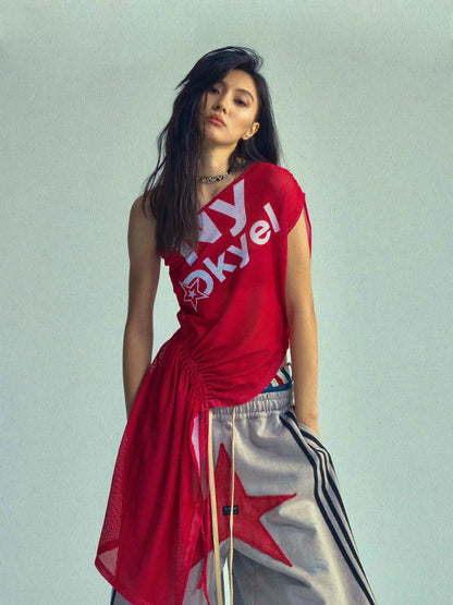 Asymmetric Drawstring Print Camo V-neck T-shirt Long Sleeve