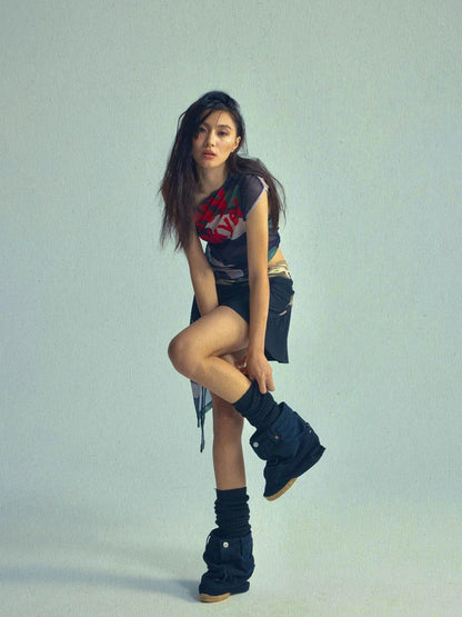 Asymmetric Drawstring Print Camo V-neck T-shirt Long Sleeve