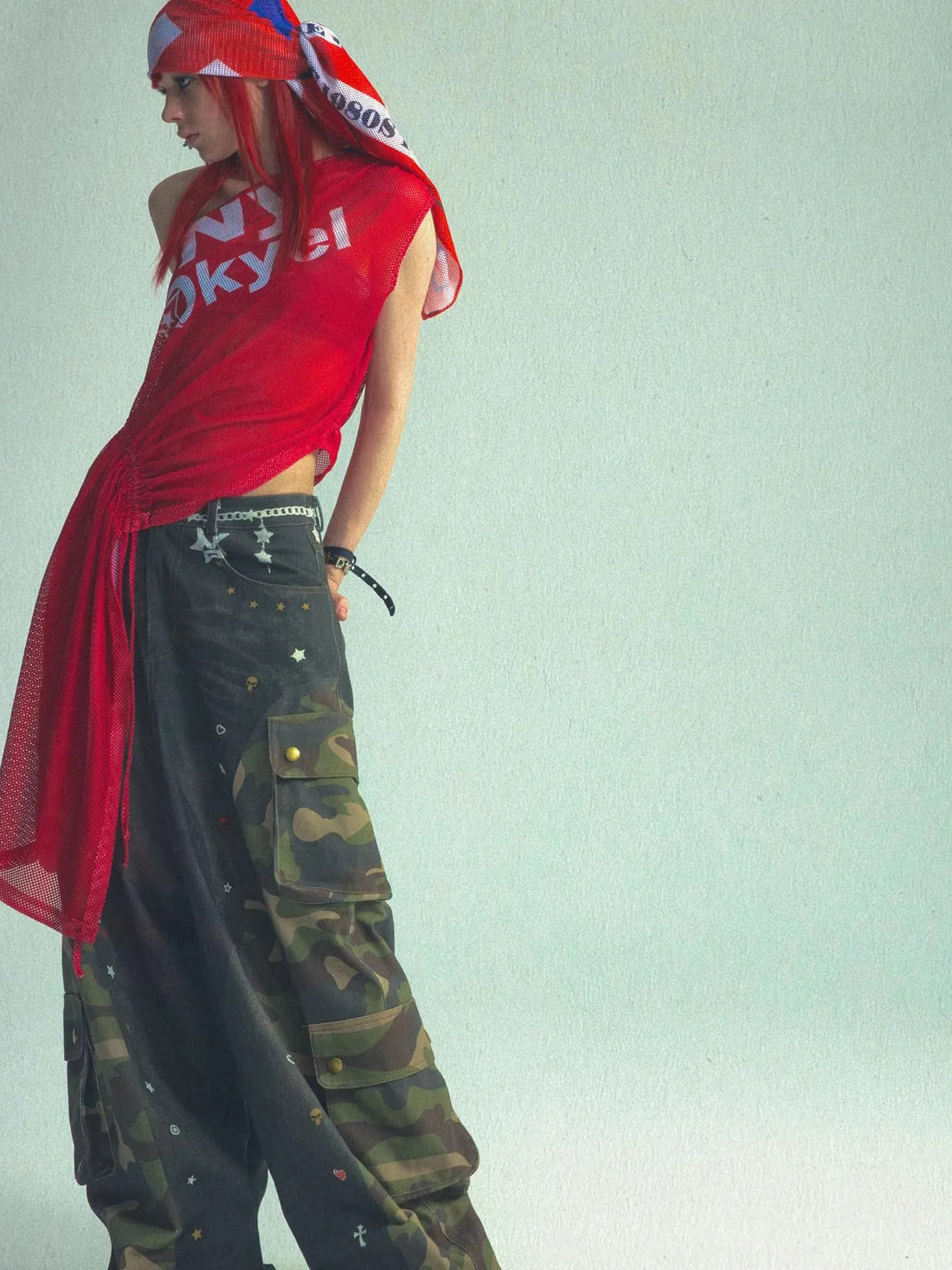 Asymmetric Drawstring Print Camo V-neck T-shirt Long Sleeve