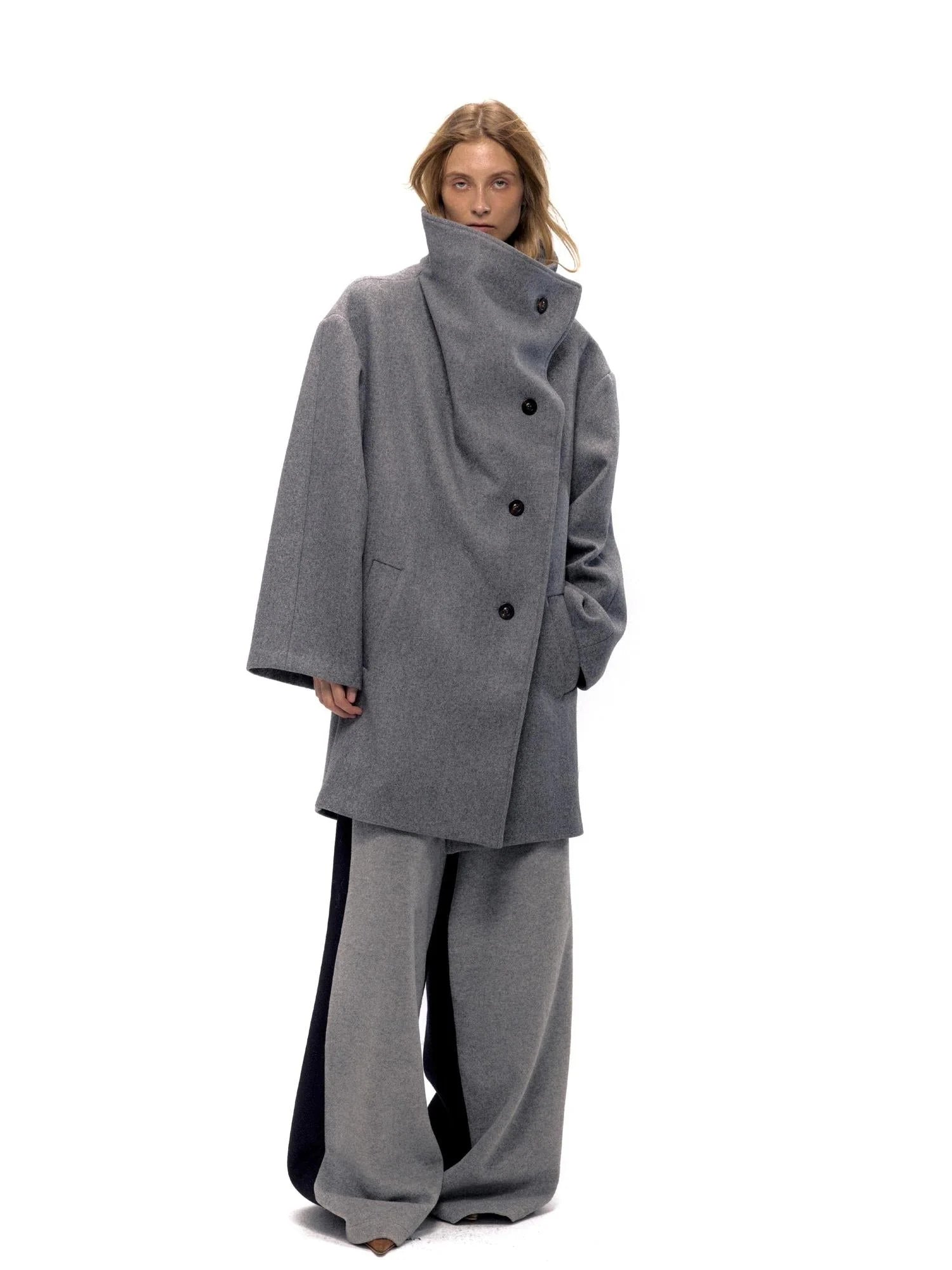 Asymmetric Placket Wool Blend Cape Coat