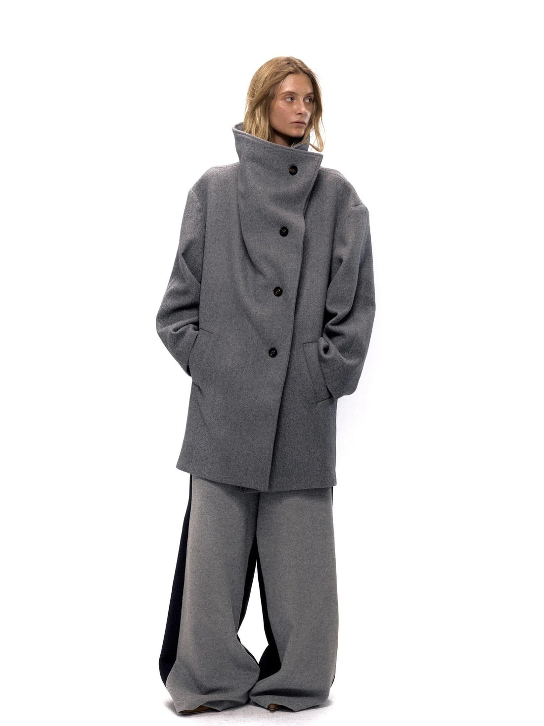 Asymmetric Placket Wool Blend Cape Coat