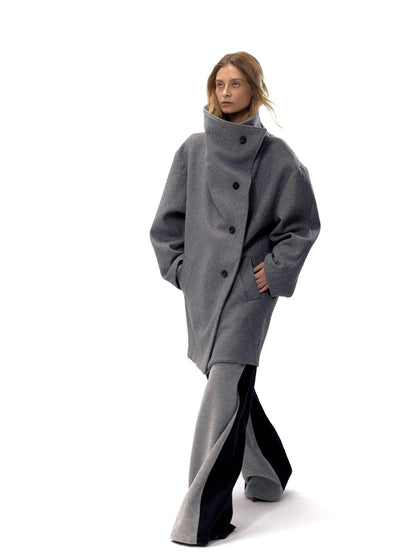 Asymmetric Placket Wool Blend Cape Coat