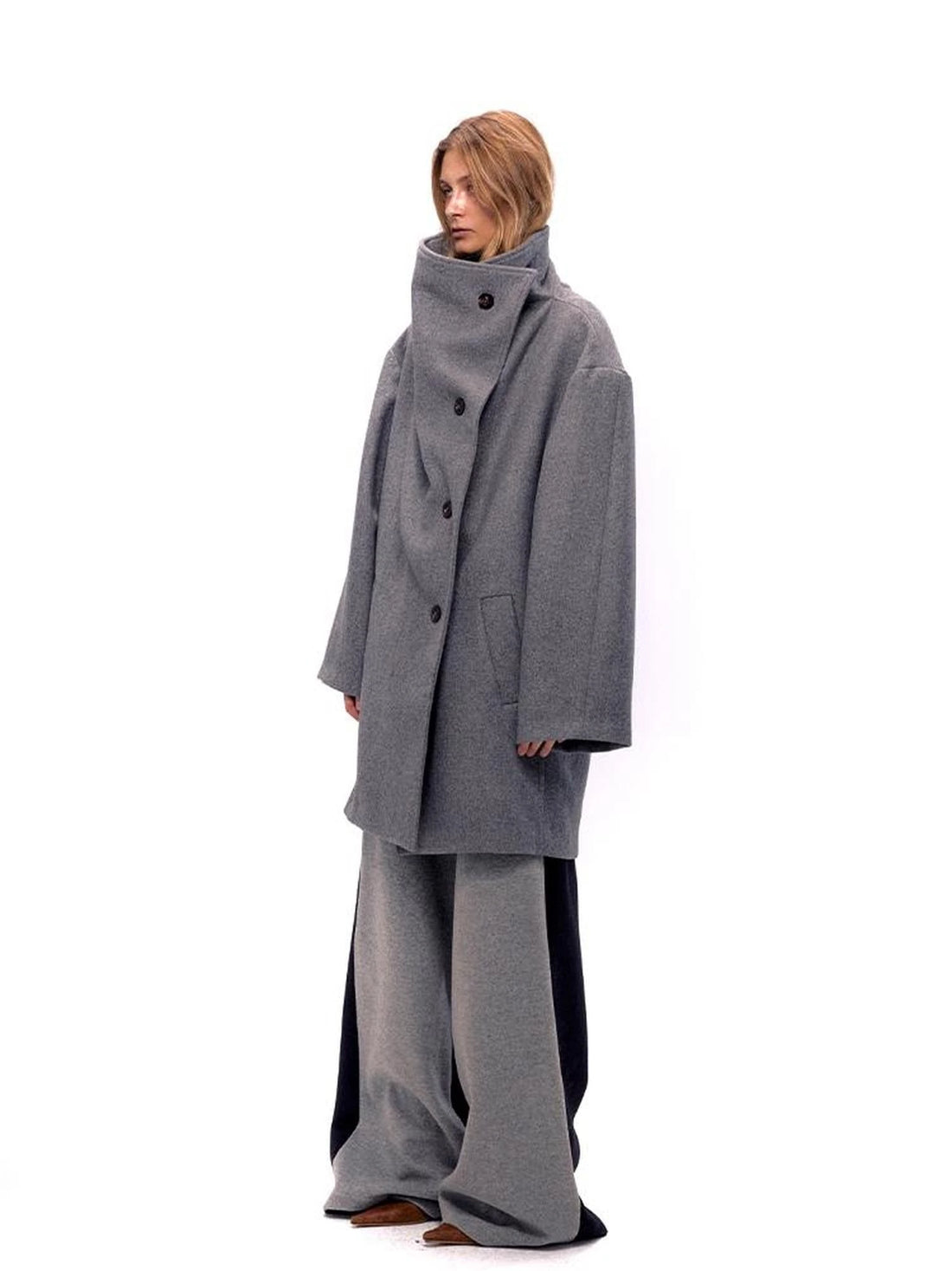 Asymmetric Placket Wool Blend Cape Coat
