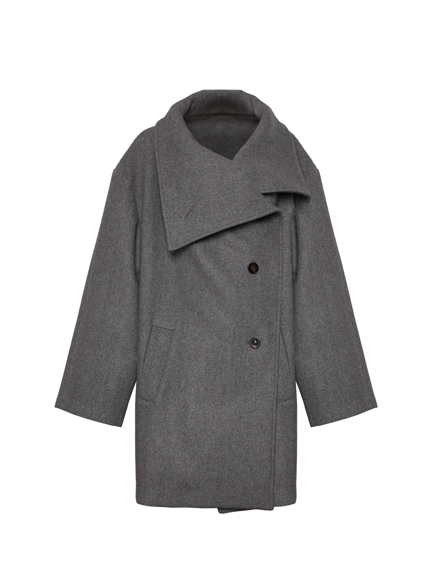 Asymmetric Placket Wool Blend Cape Coat