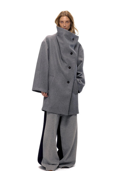 Asymmetric Placket Wool Blend Cape Coat