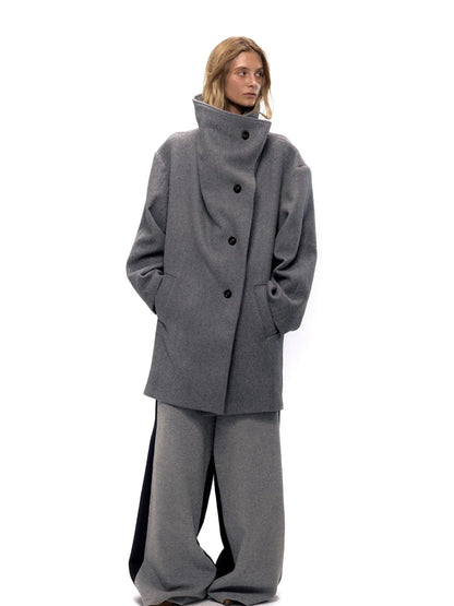 Asymmetric Placket Wool Blend Cape Coat