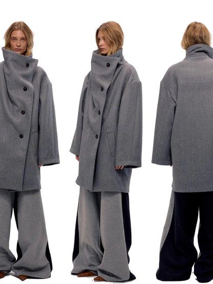 Asymmetric Placket Wool Blend Cape Coat