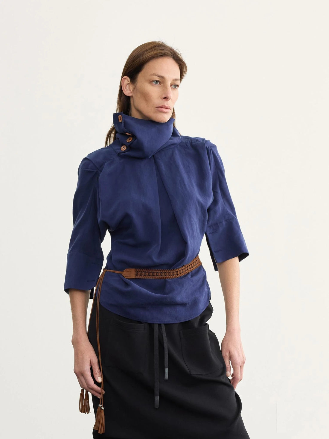 Asymmetric Pleated Linen Blend Shirt with Adjustable Neckline