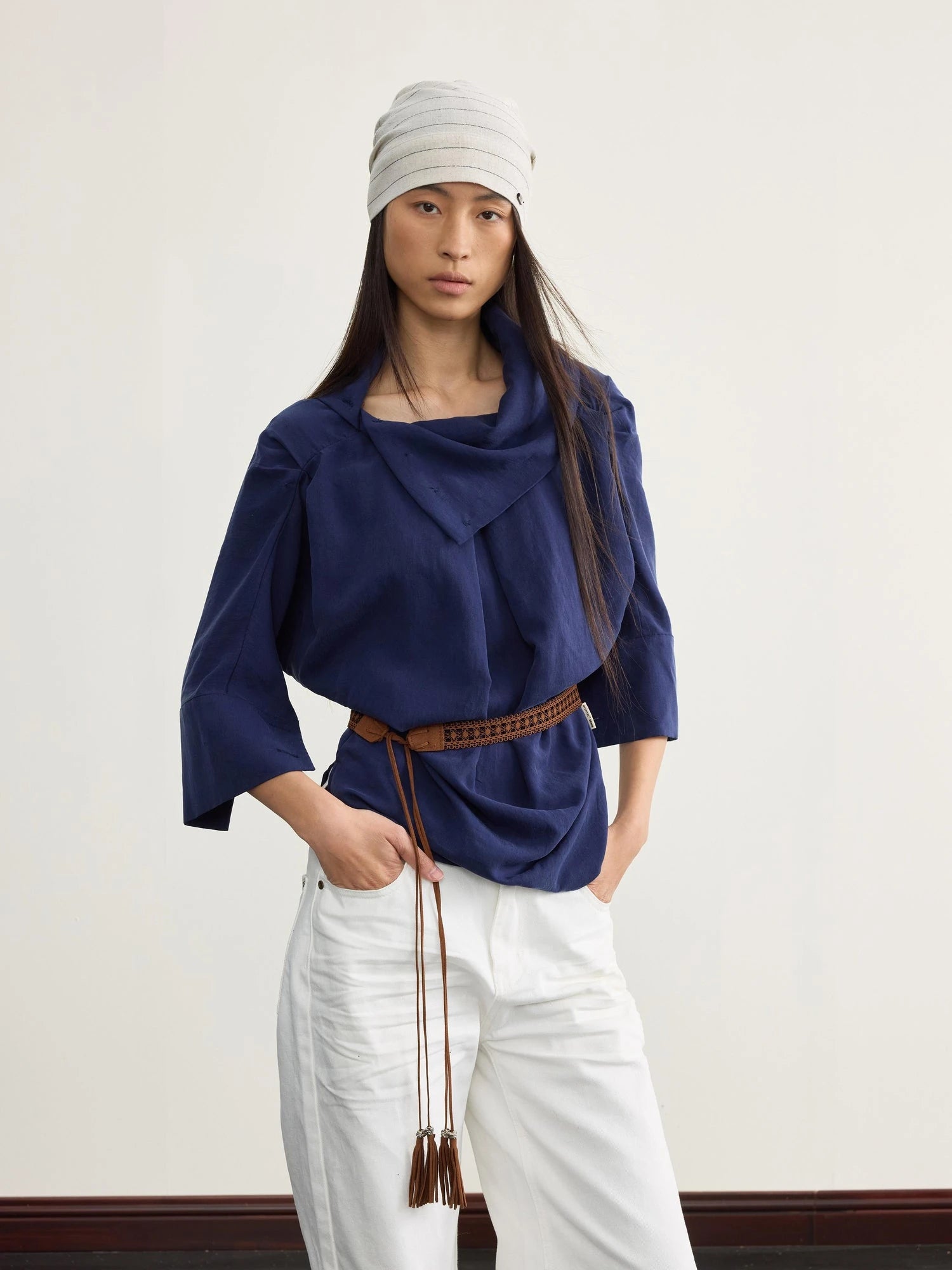 Asymmetric Pleated Linen Blend Shirt with Adjustable Neckline